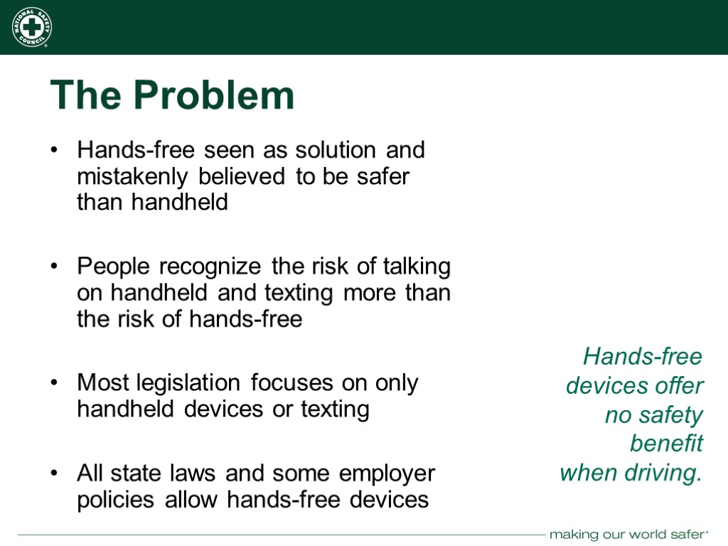 The Problem Hands-free seen as solution and mistakenly believed to be safer than handheld